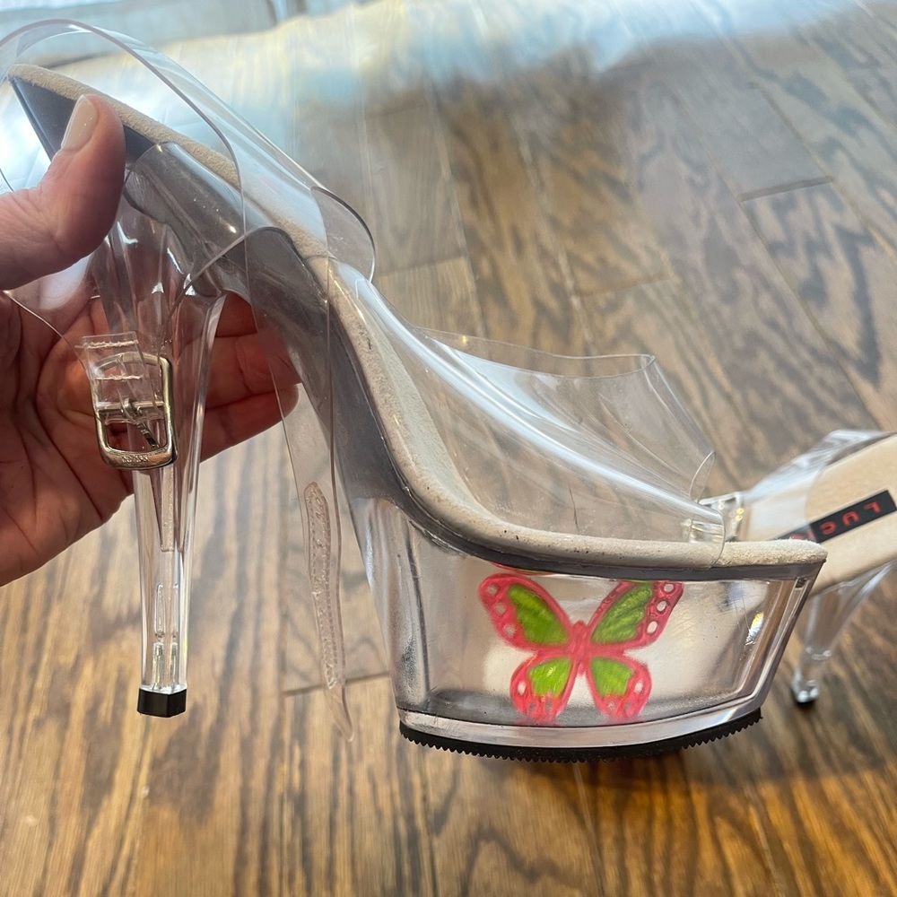 6 inch clear lucite strapped high heels